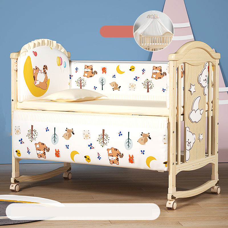 Modern Pine Wood Nursery Bed with Storage and Casters, 2-in-1 Convertible Crib