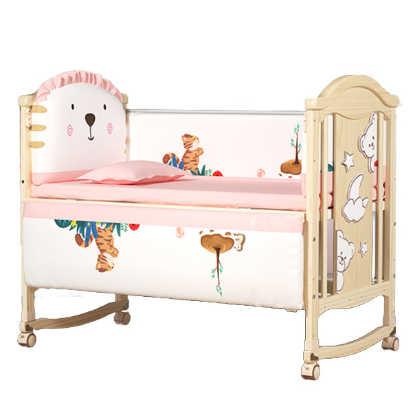 Modern Pine Wood Nursery Bed with Storage and Casters, 2-in-1 Convertible Crib