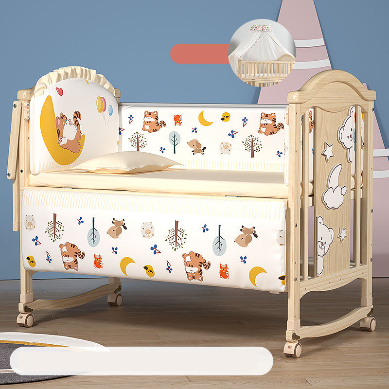 Modern Pine Wood Nursery Bed with Storage and Casters, 2-in-1 Convertible Crib