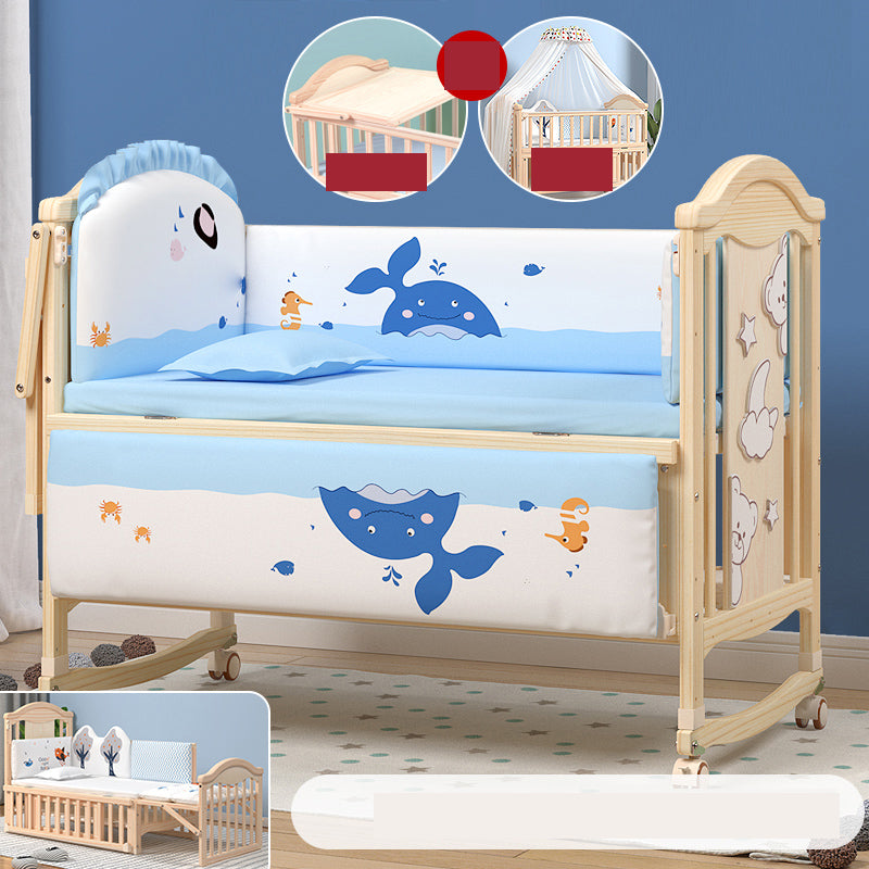 Modern Pine Wood Nursery Bed with Storage and Casters, 2-in-1 Convertible Crib