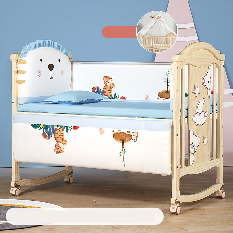 Modern Pine Wood Nursery Bed with Storage and Casters, 2-in-1 Convertible Crib