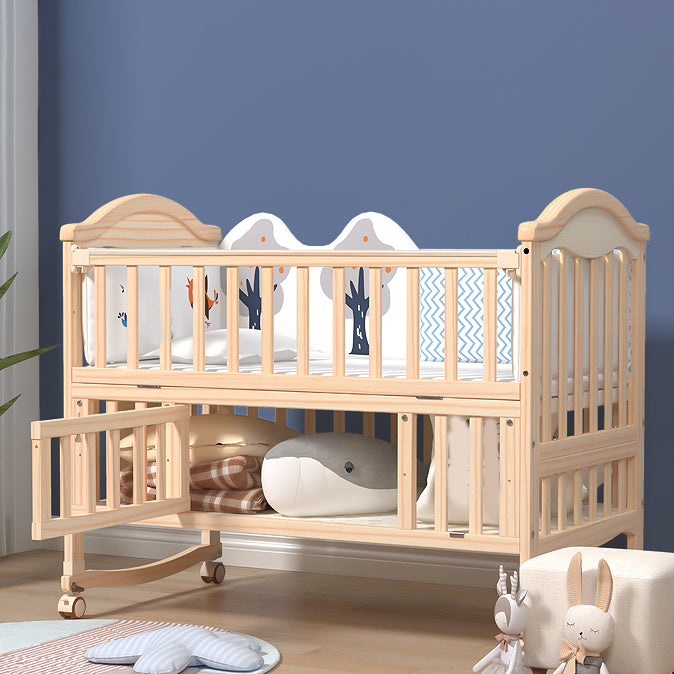 Modern Pine Wood Nursery Bed with Storage and Casters, 2-in-1 Convertible Crib