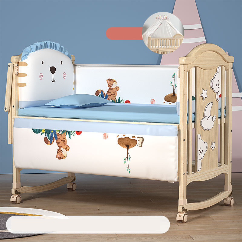 Modern Pine Wood Nursery Bed with Storage and Casters, 2-in-1 Convertible Crib