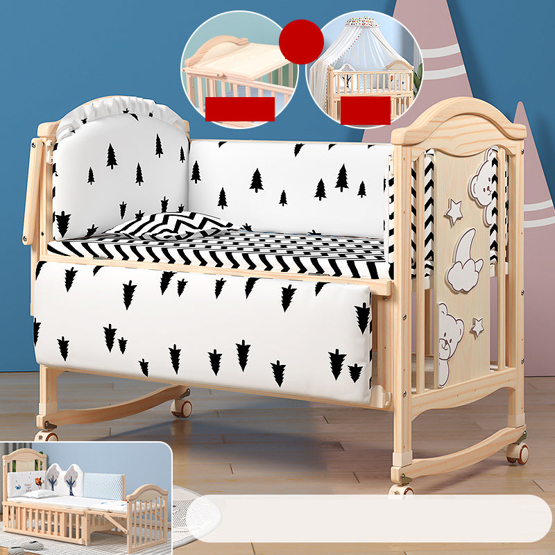 Modern Pine Wood Nursery Bed with Storage and Casters, 2-in-1 Convertible Crib