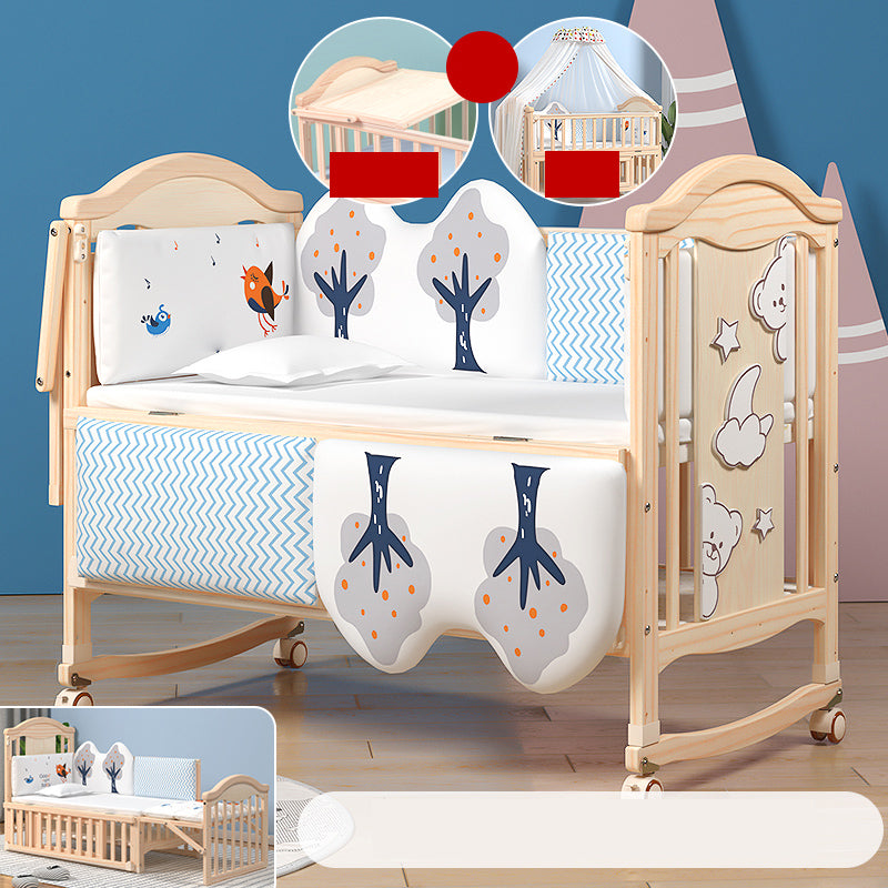 Modern Pine Wood Nursery Bed with Storage and Casters, 2-in-1 Convertible Crib