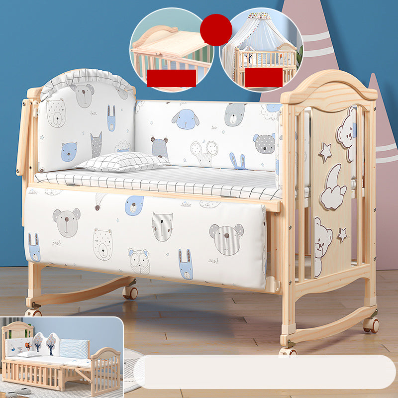 Modern Pine Wood Nursery Bed with Storage and Casters, 2-in-1 Convertible Crib