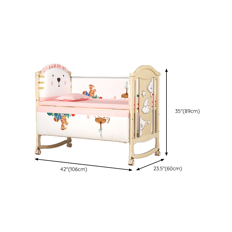 Modern Pine Wood Nursery Bed with Storage and Casters, 2-in-1 Convertible Crib