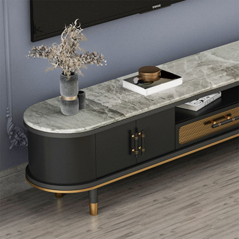 Glam Stone TV Stand Console Black Open Storage Media Console with Doors