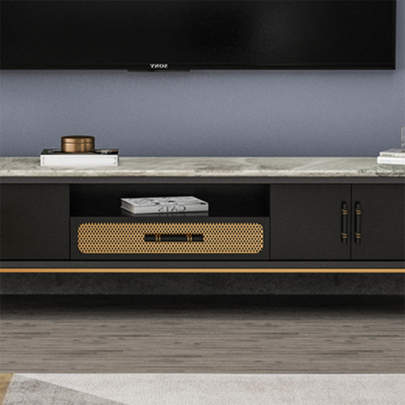 Glam Stone TV Stand Console Black Open Storage Media Console with Doors