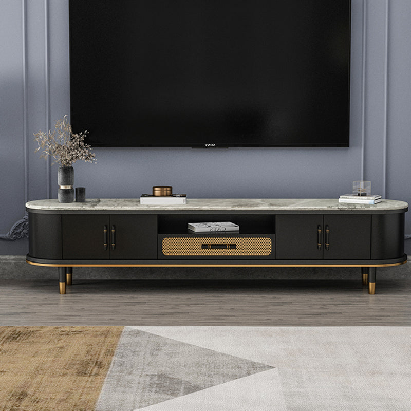 Glam Stone TV Stand Console Black Open Storage Media Console with Doors