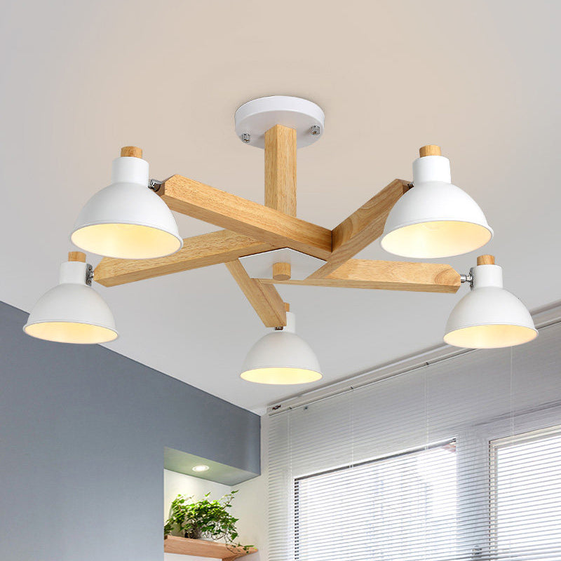 Wood Spiral Semi Flush Mount Fixture Modernism 5 Lights White Close to Ceiling Lamp with Cone Metal Shade