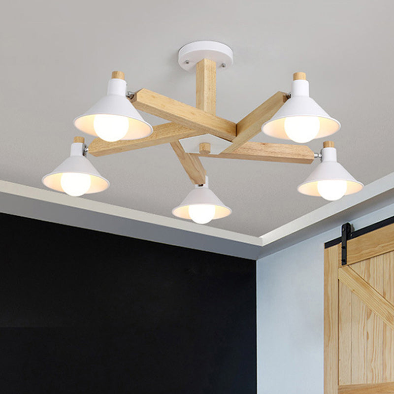 Wood Spiral Semi Flush Mount Fixture Modernism 5 Lights White Close to Ceiling Lamp with Cone Metal Shade