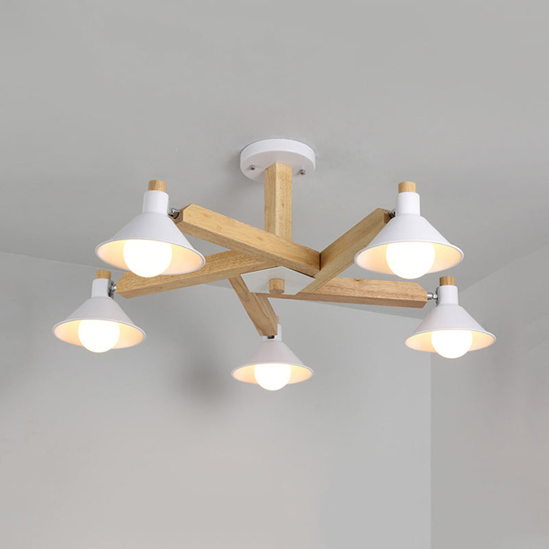 Wood Spiral Semi Flush Mount Fixture Modernism 5 Lights White Close to Ceiling Lamp with Cone Metal Shade