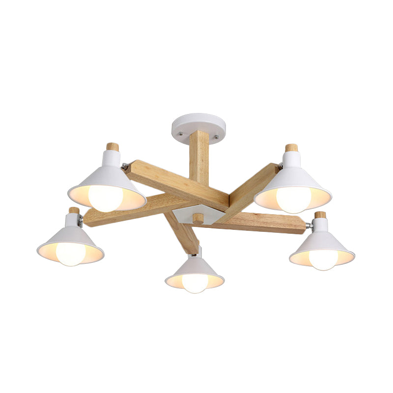 Wood Spiral Semi Flush Mount Fixture Modernism 5 Lights White Close to Ceiling Lamp with Cone Metal Shade