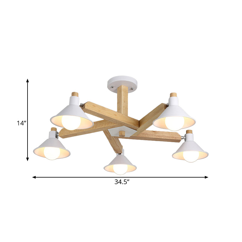 Houten spiraalvormige semi -flush mount armatuur modernisme 5 lichten wit dicht bij plafondlamp met kegel metalen schaduw