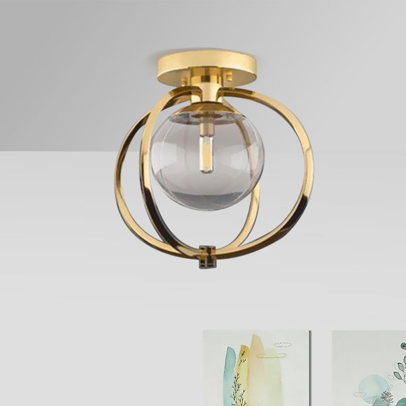 1 Glühbirnenschlafzimmer Deckenleuchte moderne Goldmetall -Halbflush -Halterung mit Globe Clear Glass Shade