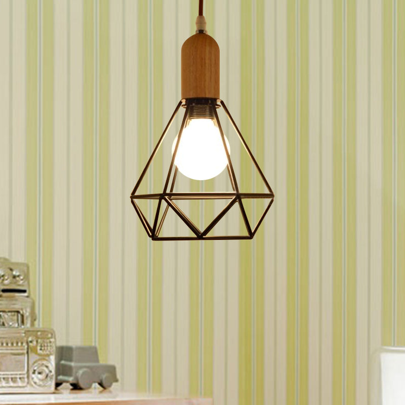 Industrial Saucer/Polygon/Diamond Pendant Lighting Fixture 1 Head Metal and Wood Ceiling Light with Cage Shade in Black