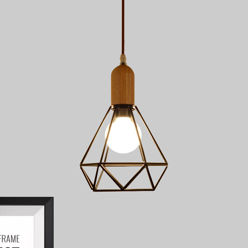 Industrial Saucer/Polygon/Diamond Pendant Lighting Fixture 1 Head Metal and Wood Ceiling Light with Cage Shade in Black