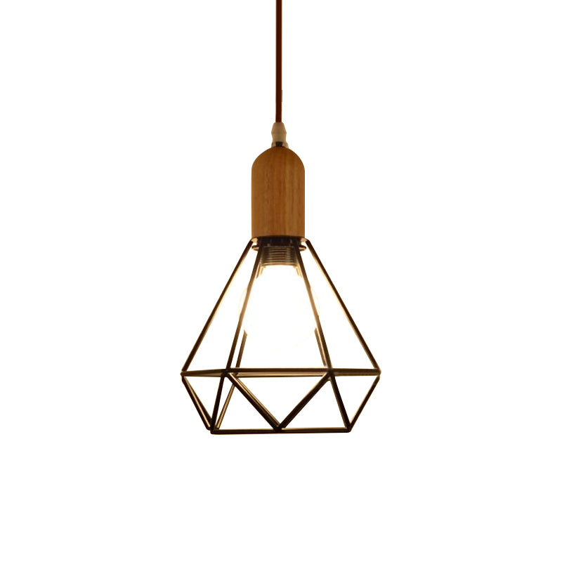 Industrial Saucer/Polygon/Diamond Pendant Lighting Fixture 1 Head Metal and Wood Ceiling Light with Cage Shade in Black