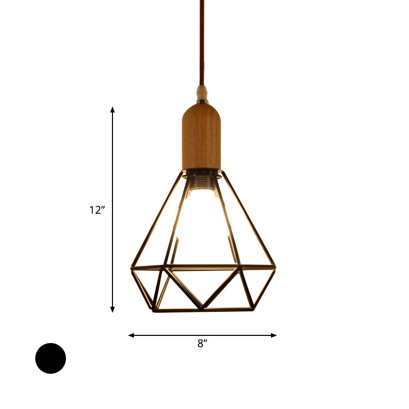 Industriële schotel/polygoon/diamant hanger verlichtingstichter 1 kop metalen en houten plafondlicht met kooi -schaduw in zwart