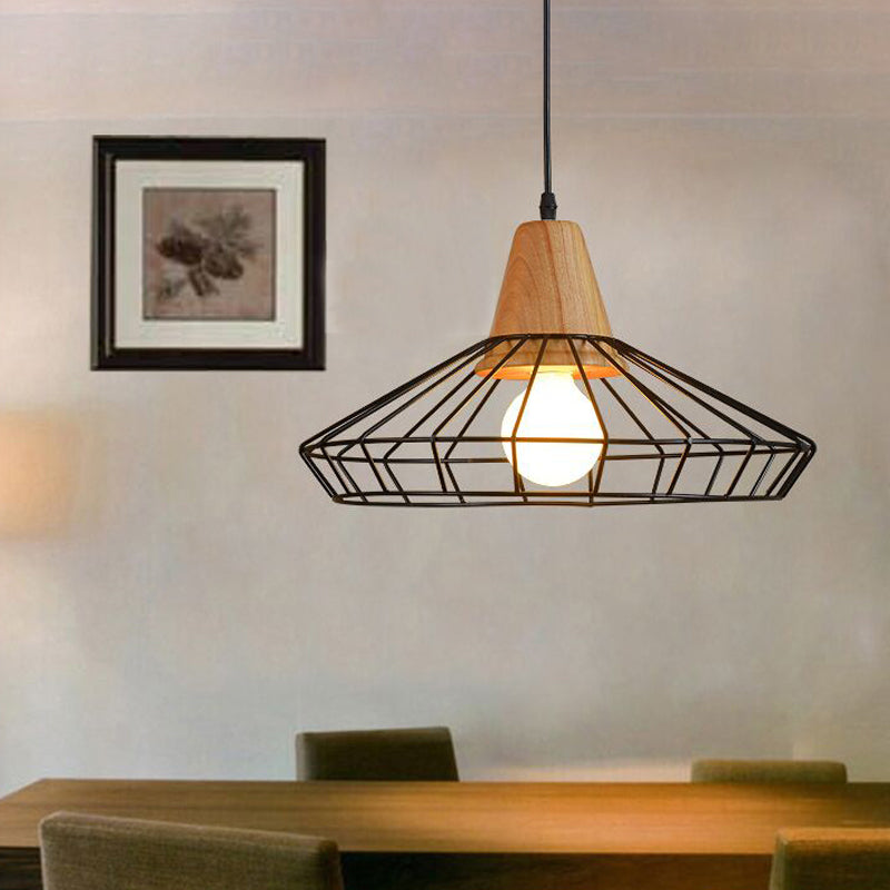 Industrial Saucer/Polygon/Diamond Pendant Lighting Fixture 1 Head Metal and Wood Ceiling Light with Cage Shade in Black