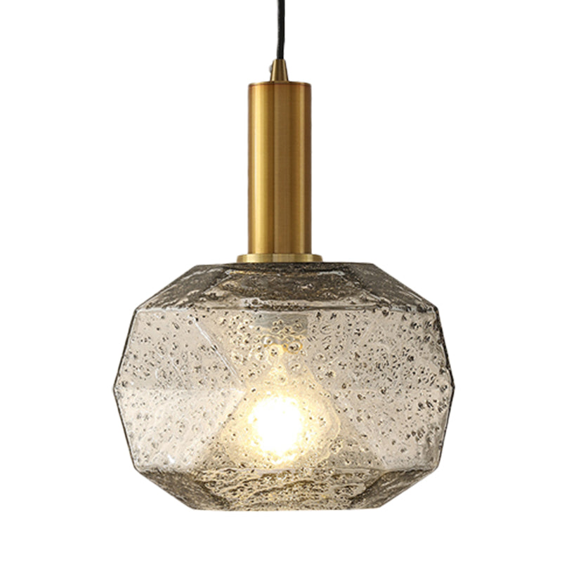 1 Bulb Bedside Pendant Post Modern Brass Hanging Lighting with Faceted Smoke Gray Glass Shade