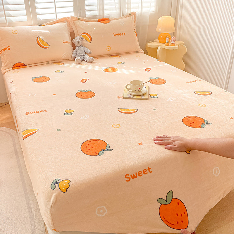 Trendy Bed Sheet Orange Printed Wrinkle-Free Non-Pilling Fade Resistant Flannel Sheet