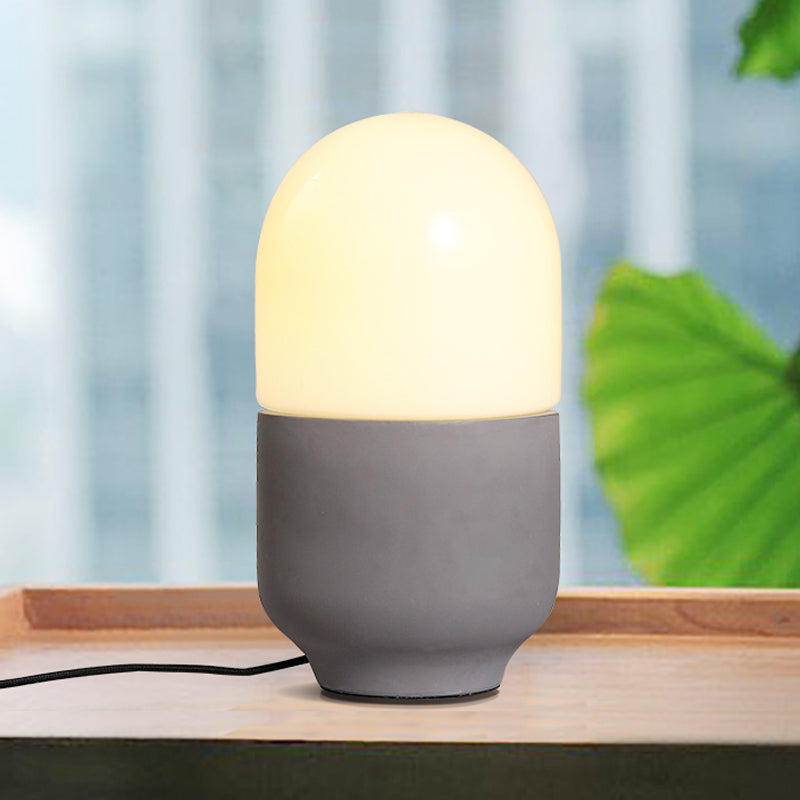 Cement Capsule Shape Small Desk Light Minimalist LED Night Table Lamp in Grey with White Glass Shade