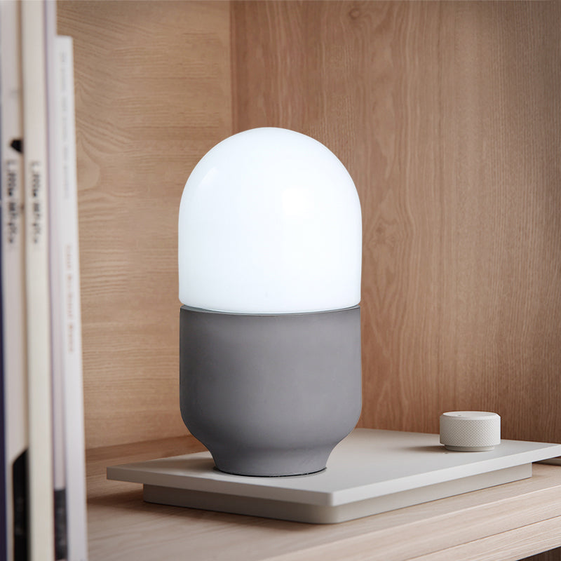 Cement Capsule Shape Small Desk Light Minimalist LED Night Table Lamp in Grey with White Glass Shade