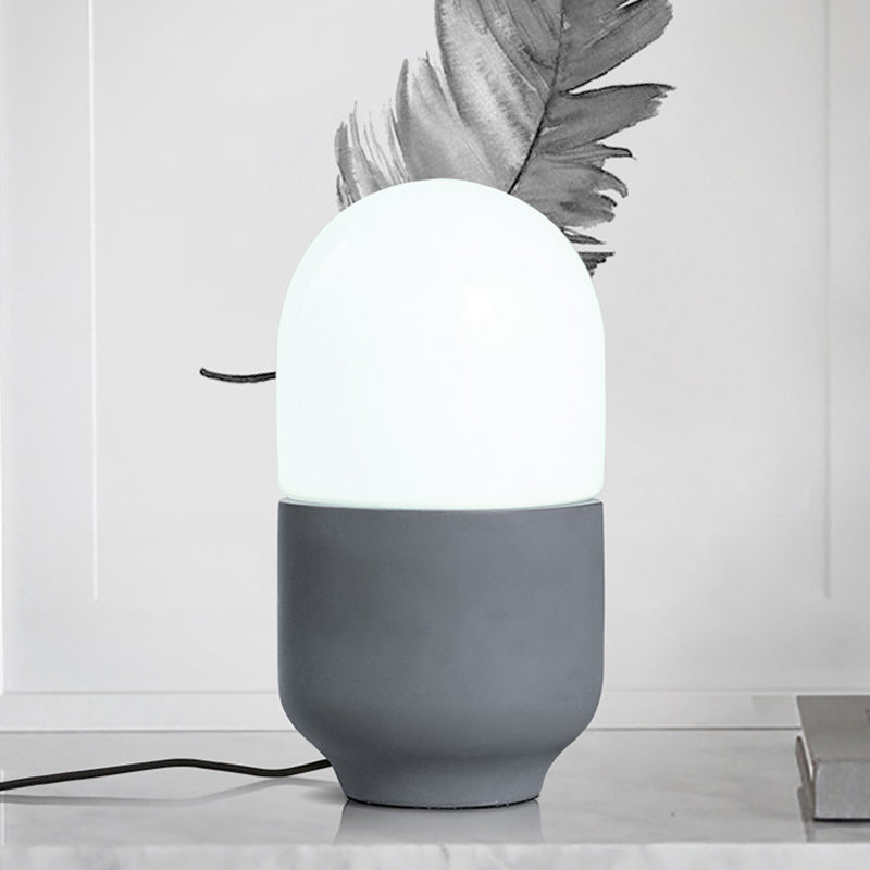 Cement Capsule Shape Small Desk Light Minimalist LED Night Table Lamp in Grey with White Glass Shade