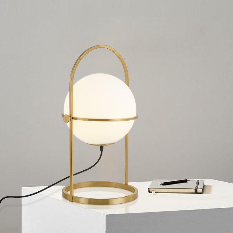 1 Head Bedroom Desk Light Post-Modern Gold Finish Nightstand Lamp with Ball Milk White Glass Shade