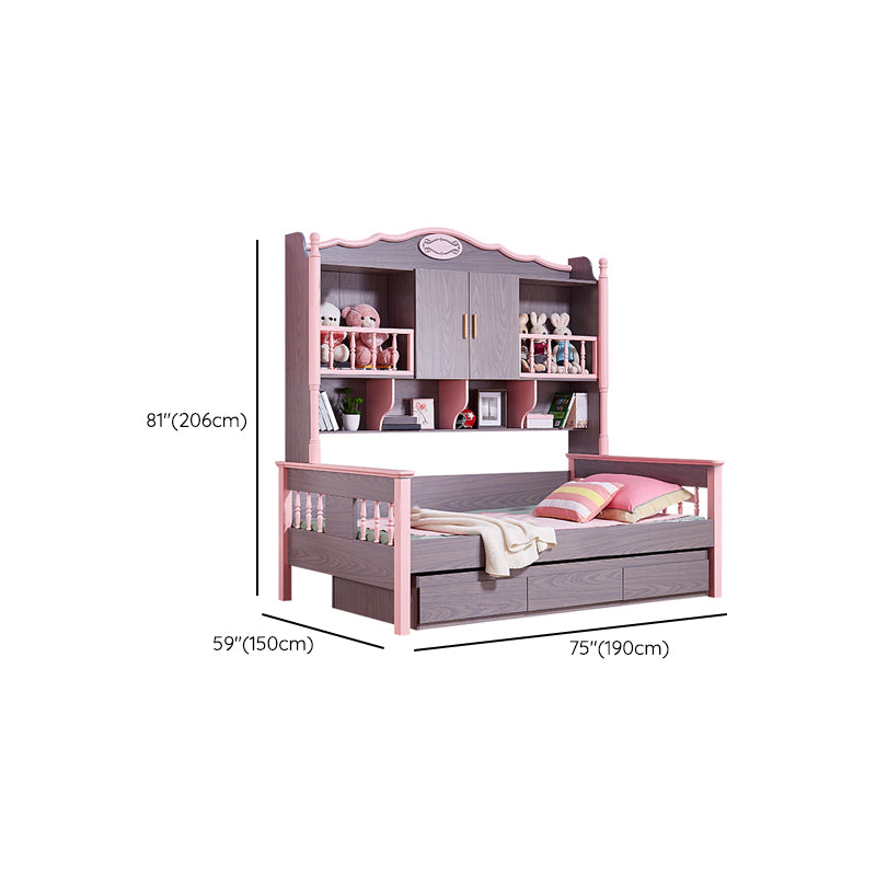 Scandinavian Standard Bed Solid Wood Pink and Brown Panel Bed with Headboard