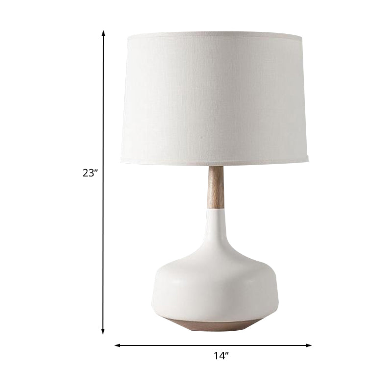 White Finish Drum Table Lighting Minimalist 1 Bulb Fabric Shade Desk Lamp for Bedroom