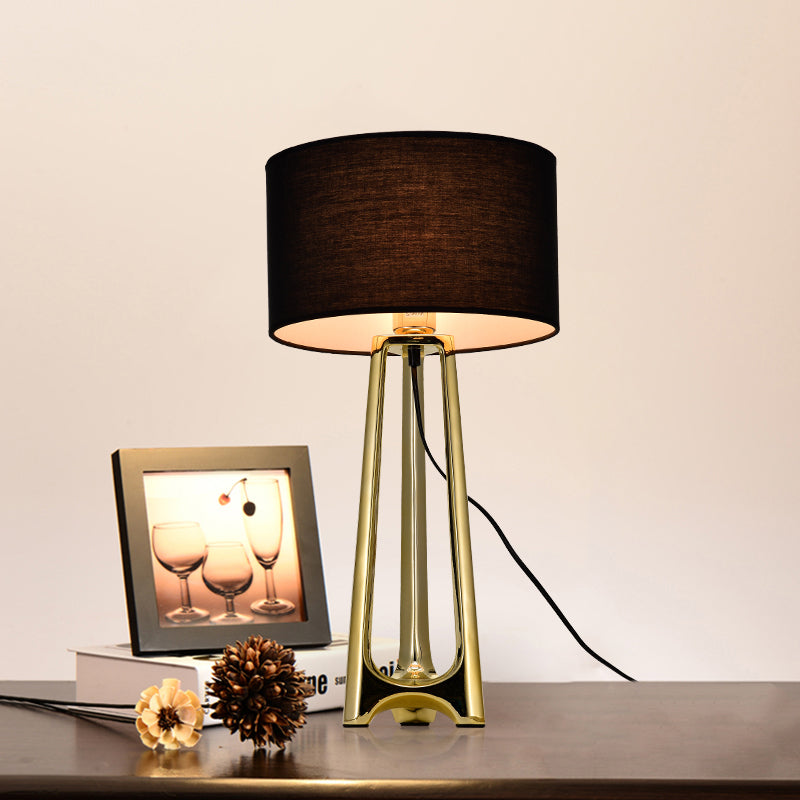 Metal Tripod Table Light Modern 1 Head Gold Finish Desk Lamp with Drum Black Fabric Shade