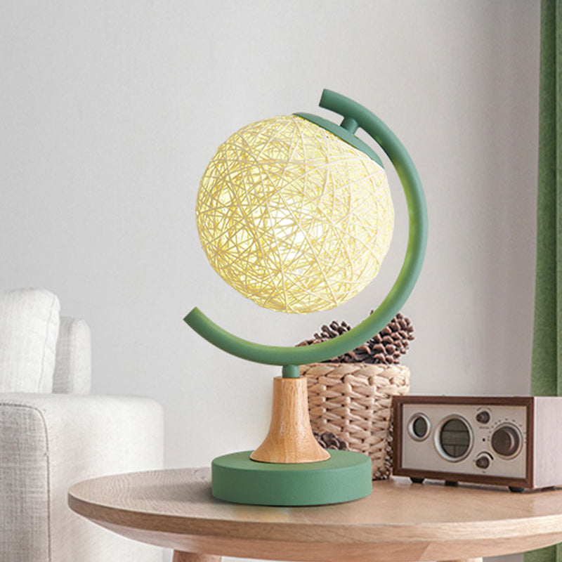 Metallic Globe Nightstand Light Asia Style 1 Light Table Lamp in White/Grey/Green with Rattan Shade