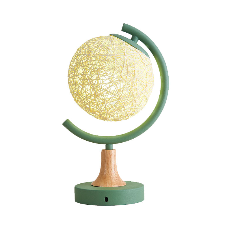 Metallic Globe Nightstand Light Asia Style 1 Light Table Lamp in White/Grey/Green with Rattan Shade