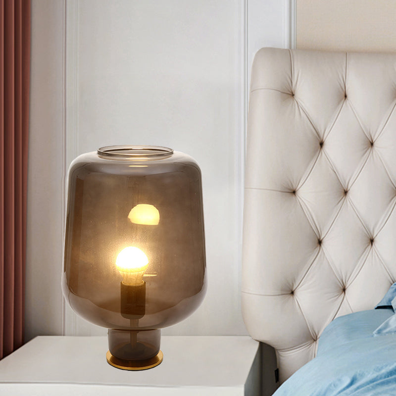 1 Bulb Bedroom Night Table Light Post Modern Brass Desk Lamp with Jar Smoke Gray Glass Shade