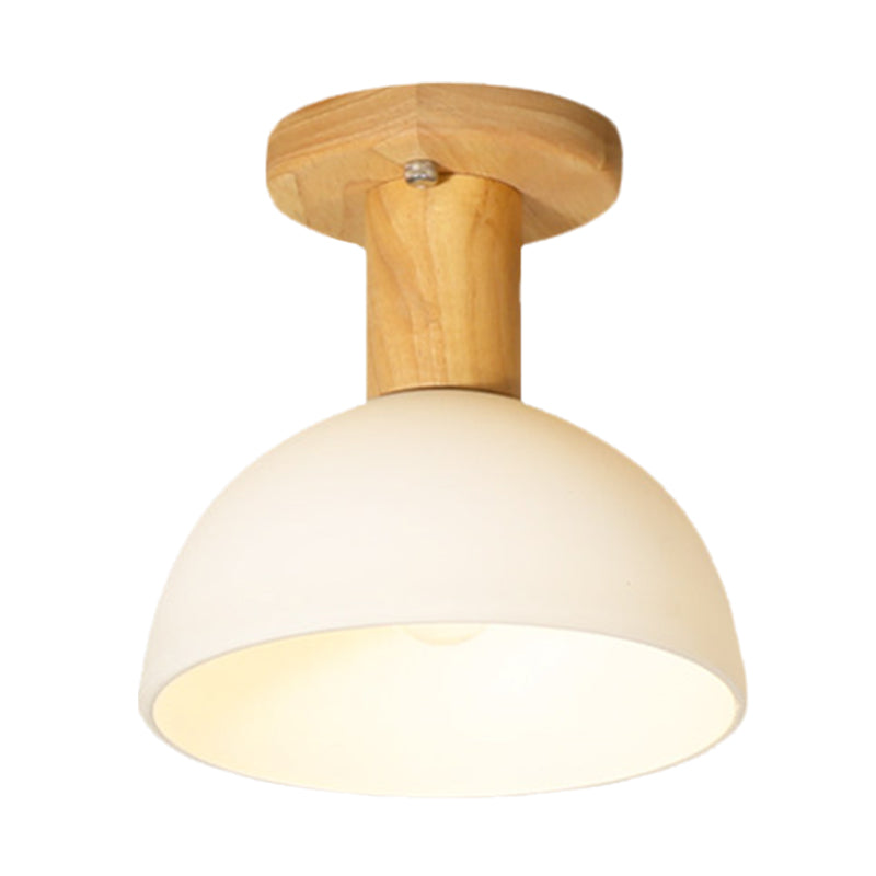 Wood Dome Semi Flush Mounted Light Simple 1 Bulb White Glass Ceiling Lamp Fixture for Corridor