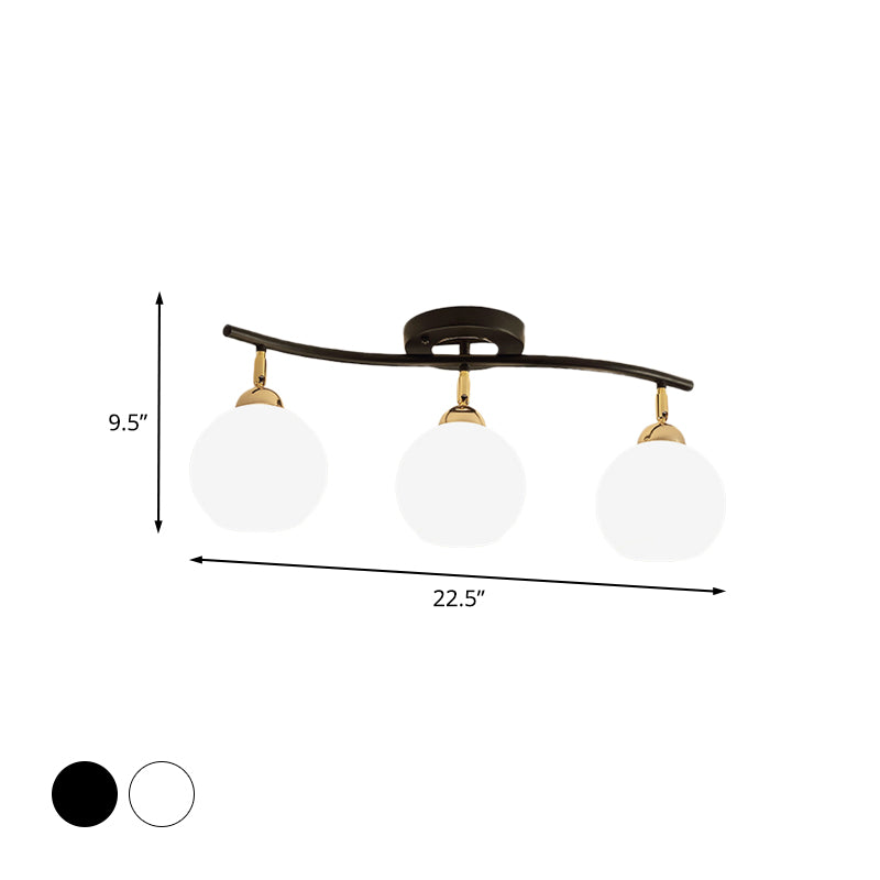 Onde de fer linéaire semi-chasse monte minimaliste 3 têtes luminaire à chasse d'eau blanc / noir avec une teinte en verre d'opale globale