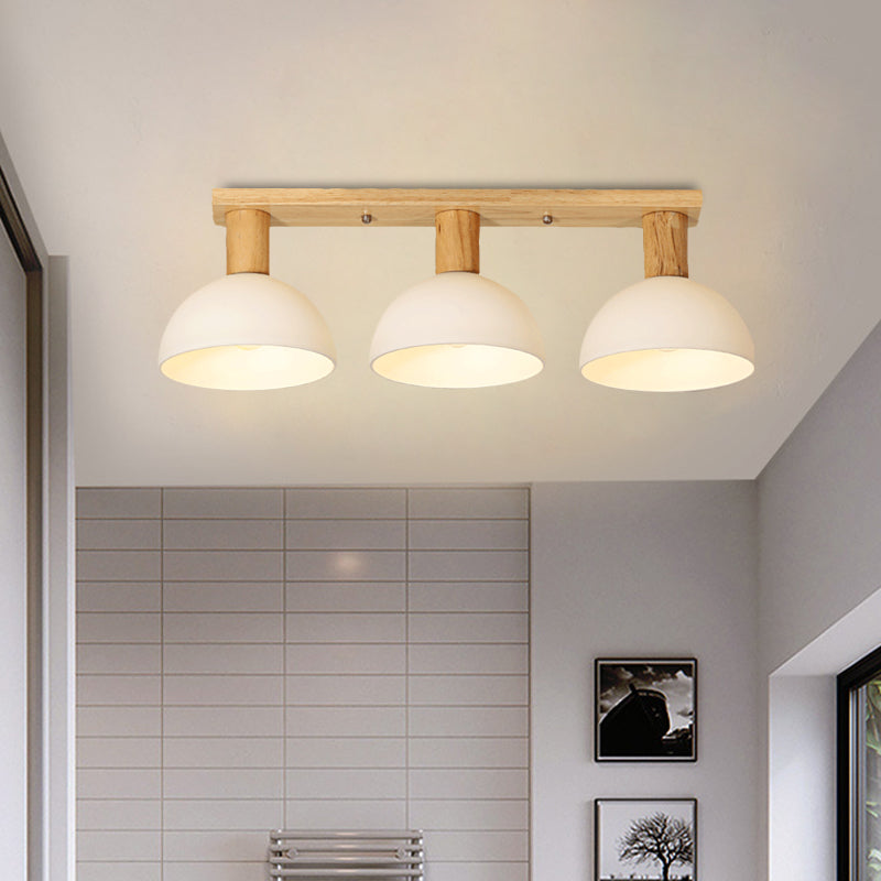 Domed Semi Flush Lighting Modern White Glass 3 Heads Wood Ceiling Mounted Lamp with Linear Design