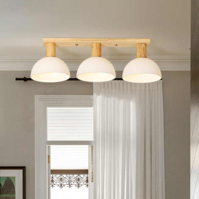 Domed Semi Flush Lighting Modern White Glass 3 Heads Wood Ceiling Mounted Lamp with Linear Design