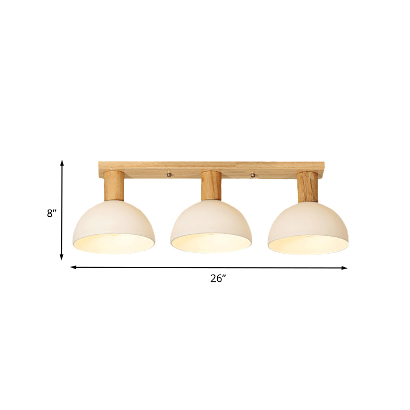 Domed Semi Flush Lighting Modern White Glass 3 Heads Wood Ceiling Mounted Lamp with Linear Design