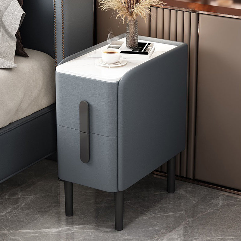 Modern 2 Drawers Accent Table Nightstand Antique Finish Slate Top Bedside Cabinet