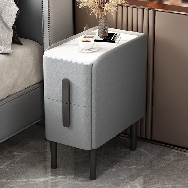 Modern 2 Drawers Accent Table Nightstand Antique Finish Slate Top Bedside Cabinet