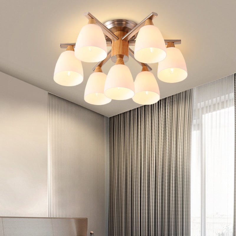 Modernistische 7 Lights Semi Flush Lighting Chrome en houten beker plafond gemonteerde lamp met opaalglasschaduw