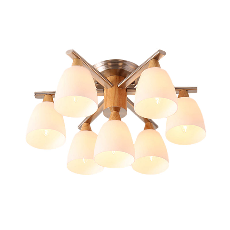 Modernistische 7 Lights Semi Flush Lighting Chrome en houten beker plafond gemonteerde lamp met opaalglasschaduw