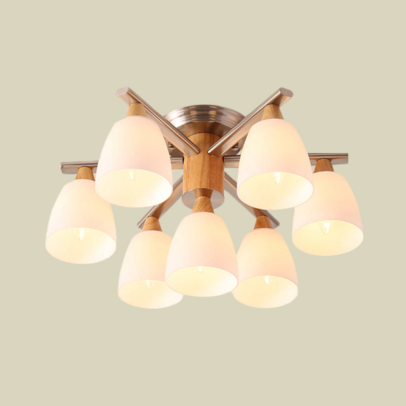 Modernista 7 luces Semi Flush Lighting Lámpara de techo cromada y de madera con tono de vidrio ópalo