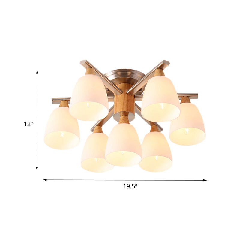 Modernista 7 luces Semi Flush Lighting Lámpara de techo cromada y de madera con tono de vidrio ópalo