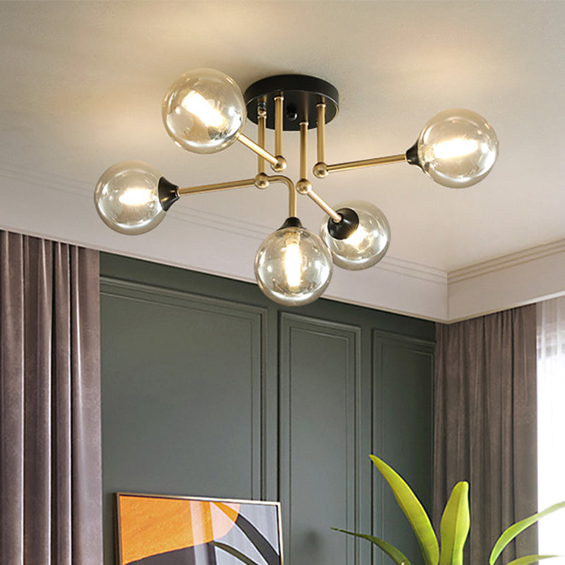 Modern 5 Lights Semi Flush Lighting Gold/Black and Gold Sphere Ceiling Lamp with Clear Glass Shade