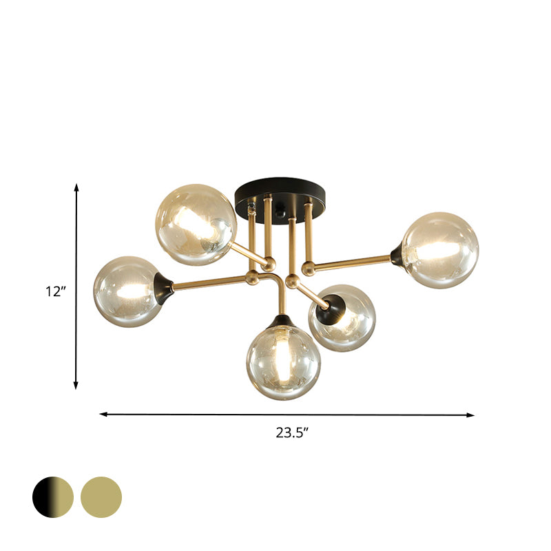 Moderne 5 lichten semi -flush verlichting goud/zwart en gouden bol plafondlamp met heldere glazen schaduw